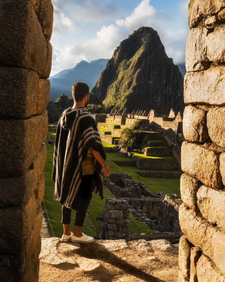 Man Wearing Striped Poncho